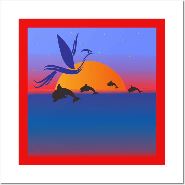 sunset with dolphin Wall Art by Khalid Store